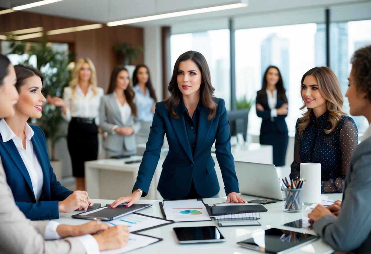 A young woman navigates a bustling real estate office, surrounded by luxury properties and glamorous colleagues