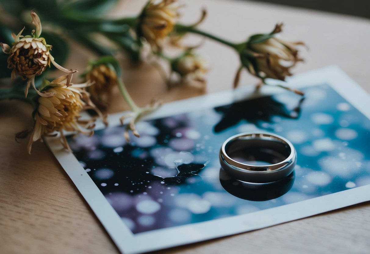 A wedding ring abandoned on a bedside table, surrounded by wilted flowers and a tear-stained photograph