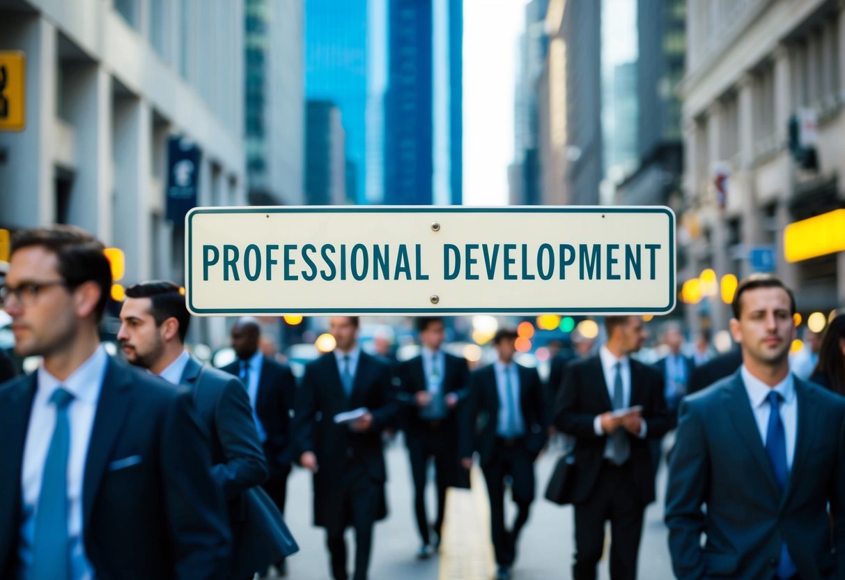 A bustling city street with a sign reading "Professional Development" in the background, surrounded by busy professionals