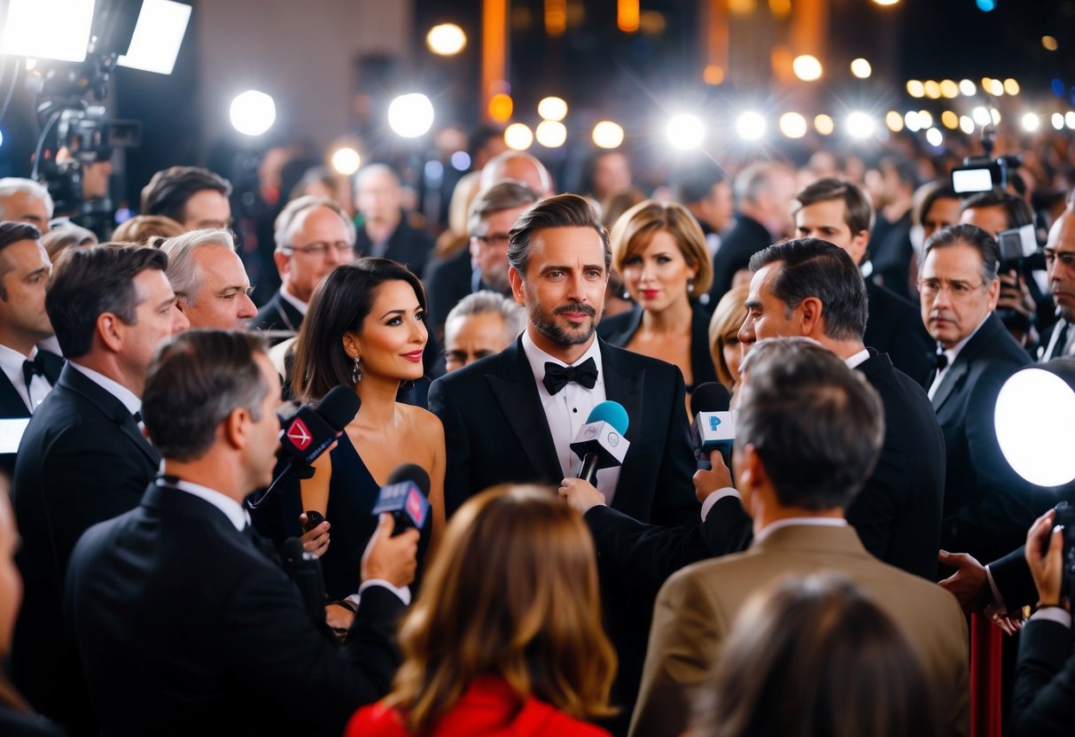 A crowded red carpet event with photographers and reporters surrounding a celebrity. The scene is filled with bright lights and microphones, capturing the media presence