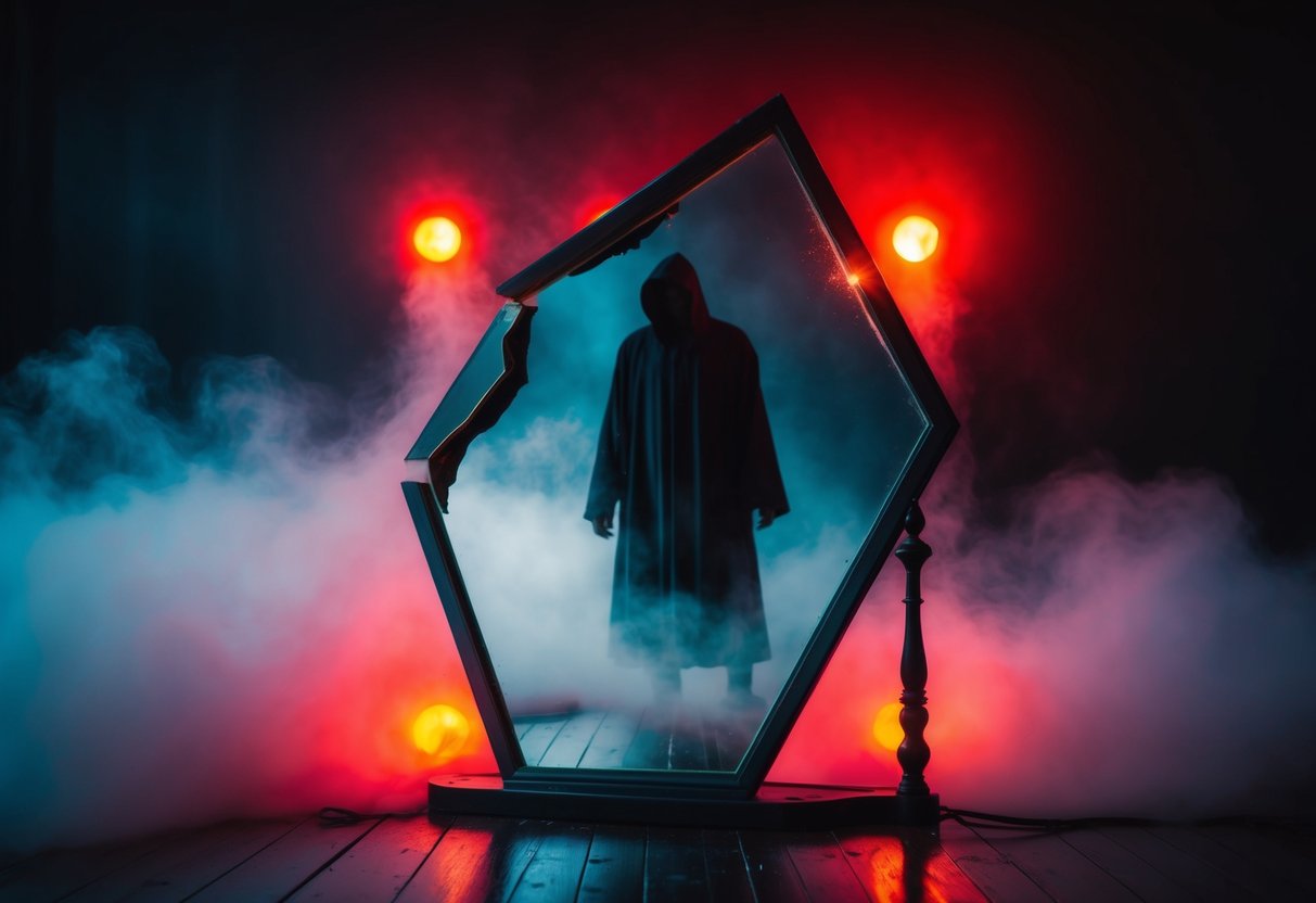 A broken mirror reflects a dark figure surrounded by mist and eerie red light