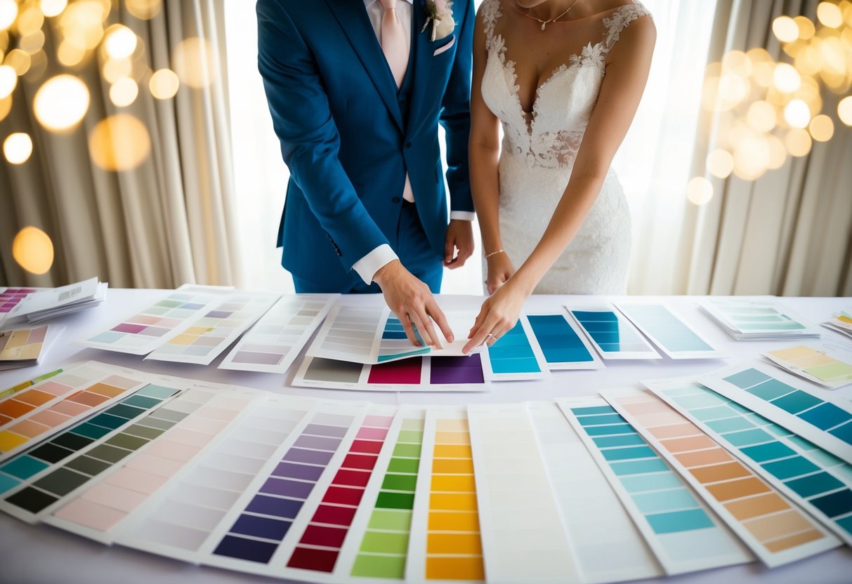 A bride and groom browsing through various wedding design options displayed on a large table, surrounded by colorful swatches and samples