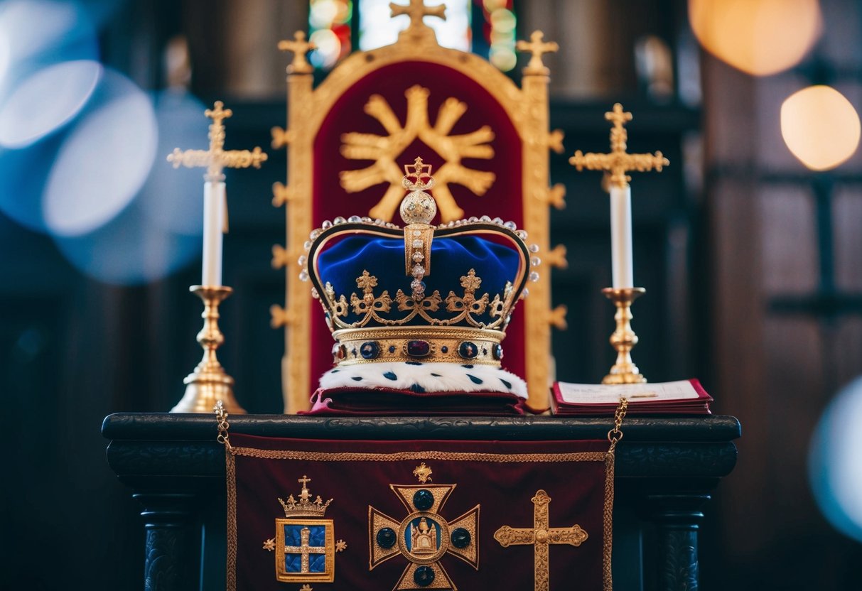 A queen's crown on a blood-stained throne, surrounded by religious symbols and documents