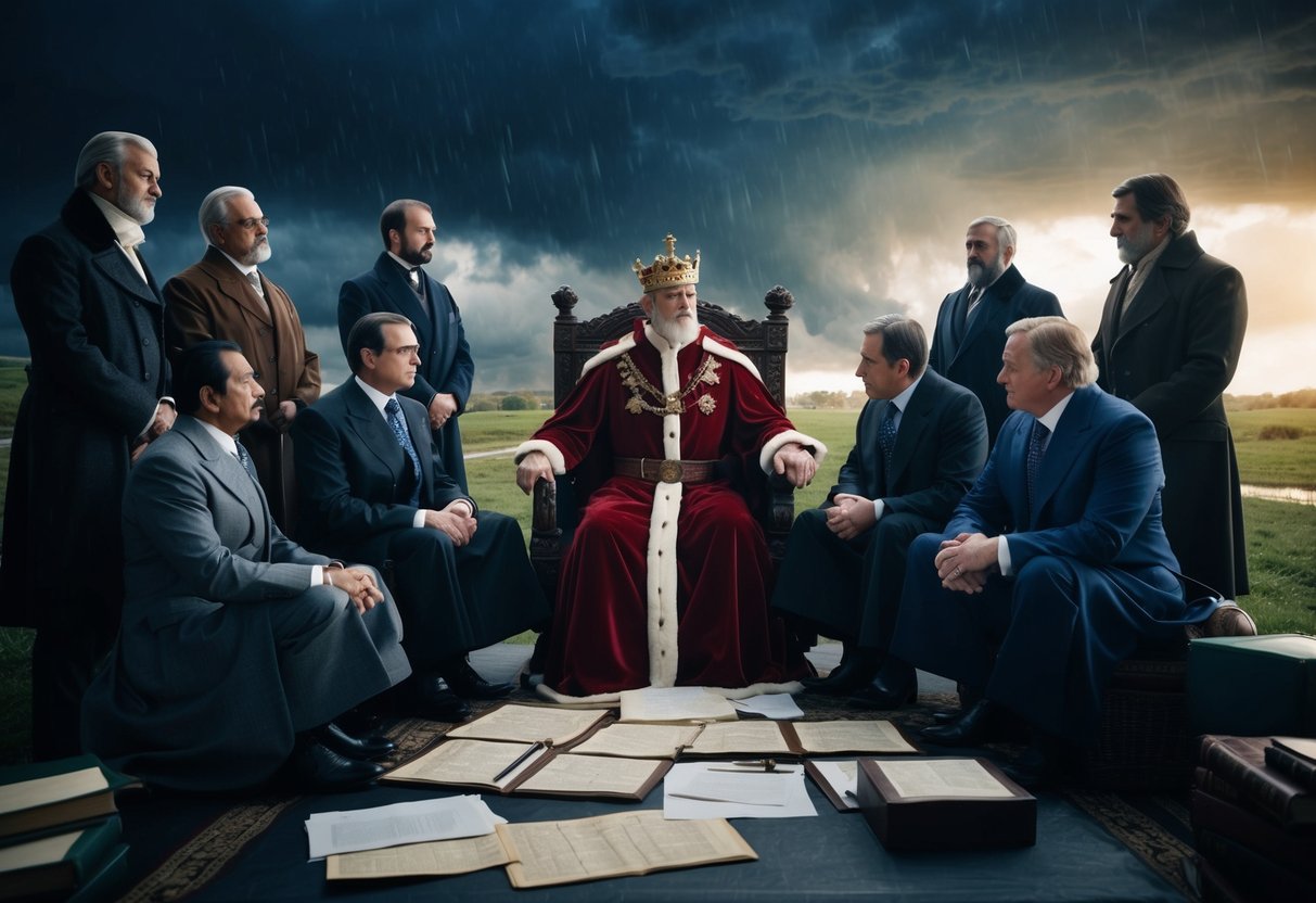A regal figure surrounded by advisors, maps, and documents, contemplating the shifting political alliances while a storm rages outside