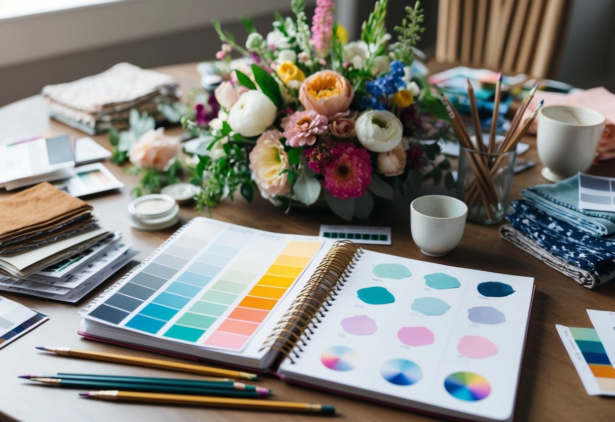 A table scattered with fabric swatches, floral arrangements, and color palettes. A sketchbook filled with design ideas sits open, surrounded by pencils and paintbrushes
