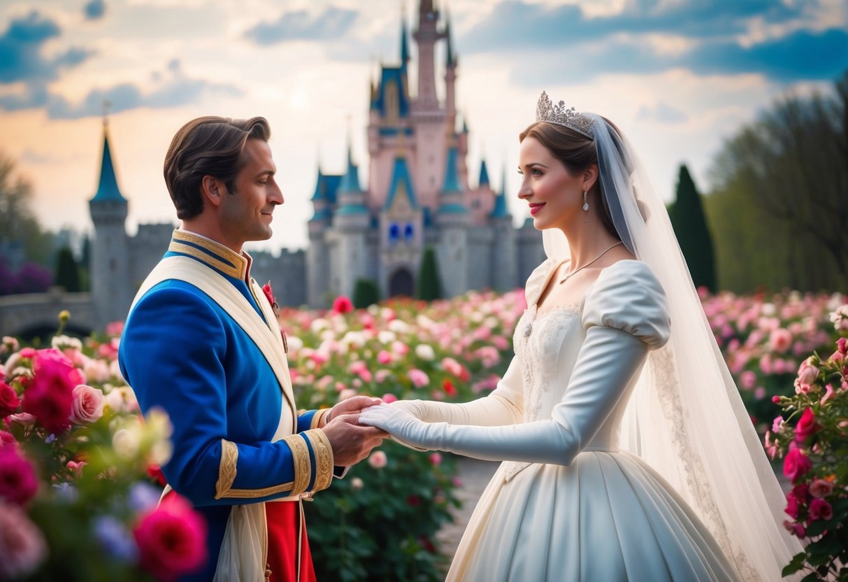 Mary marries a charming prince from a distant kingdom, surrounded by blooming flowers and a grand castle in the background