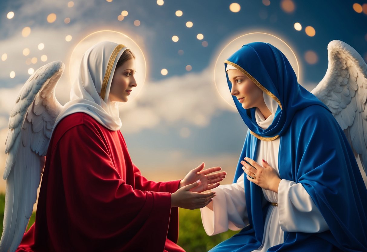 An angel appears to Mary, who responds with humility and acceptance