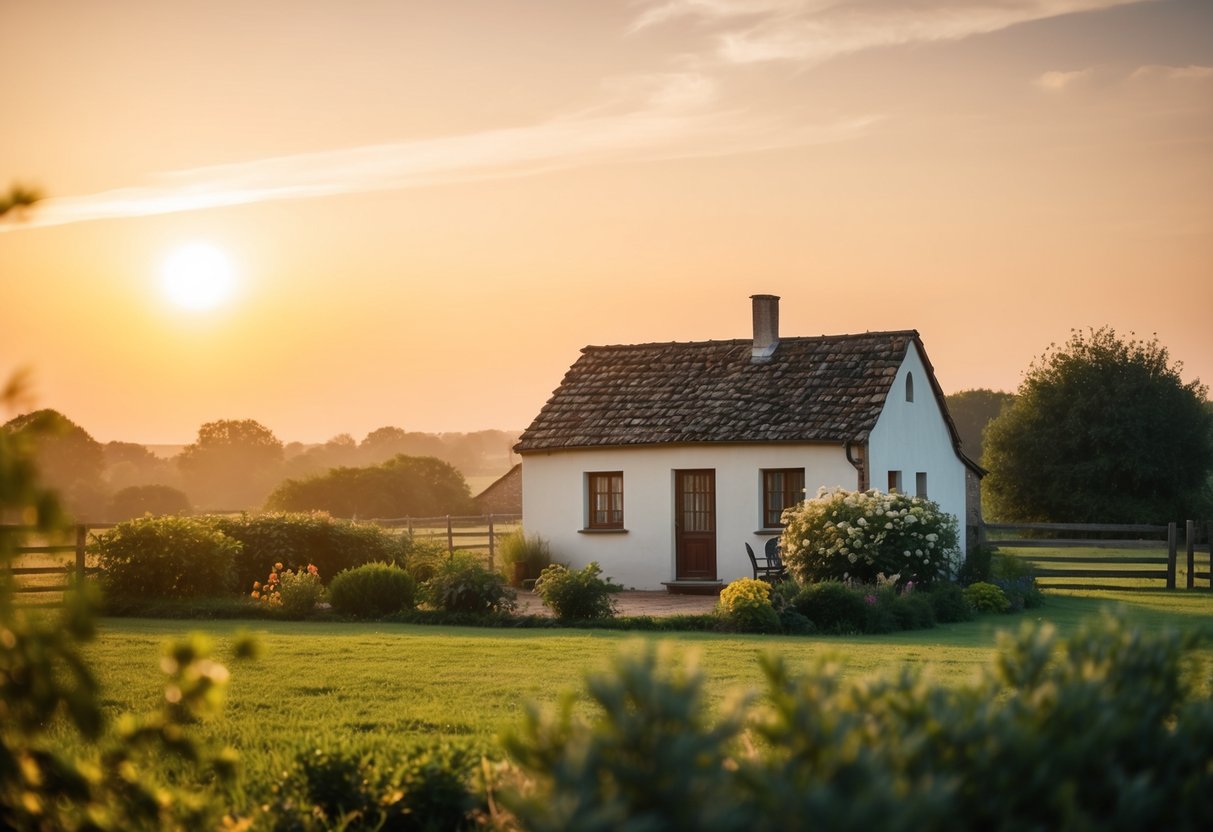 A peaceful countryside scene with a small, humble house and a serene garden. A warm, golden light bathes the surroundings, creating a sense of tranquility and love