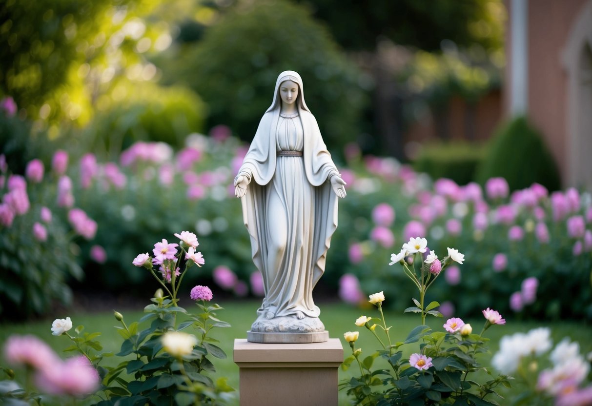 A serene garden with a statue of Mary surrounded by blooming flowers and a peaceful atmosphere