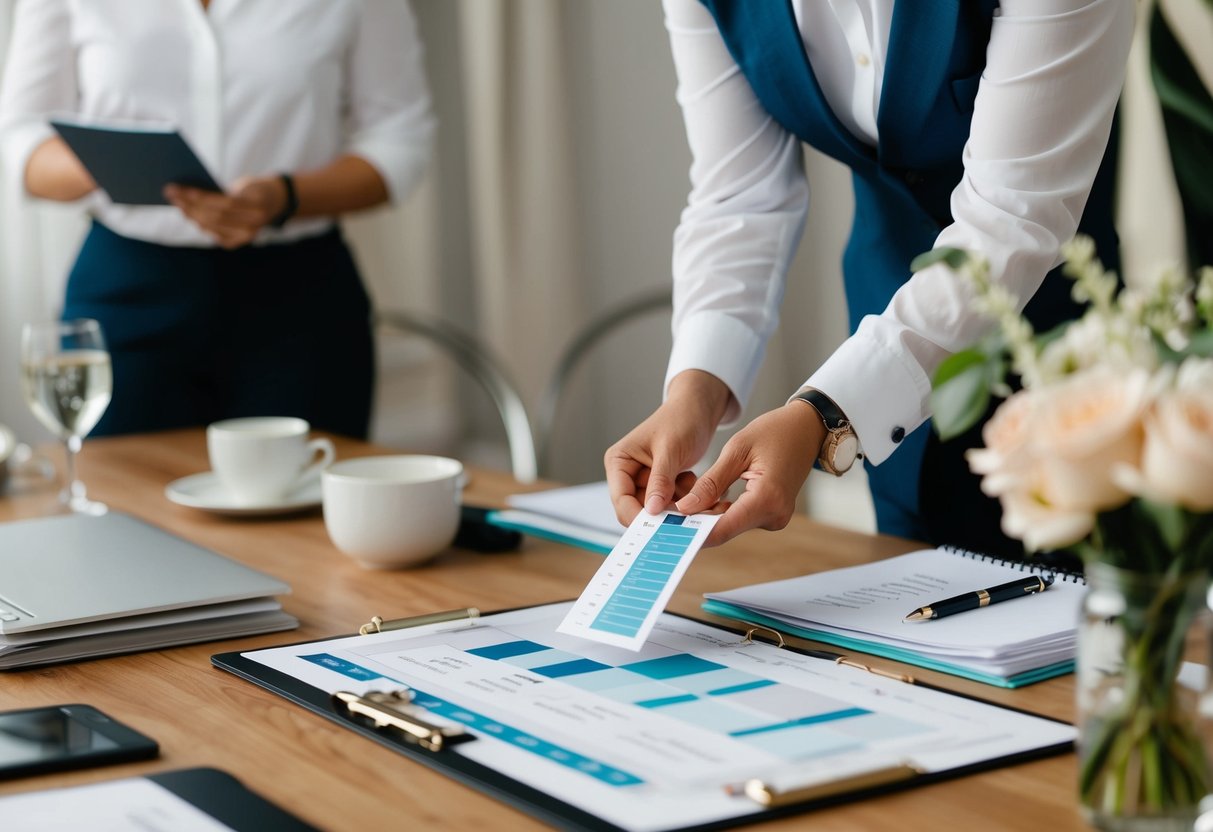 A wedding planner organizing a detailed timeline and coordinating with vendors