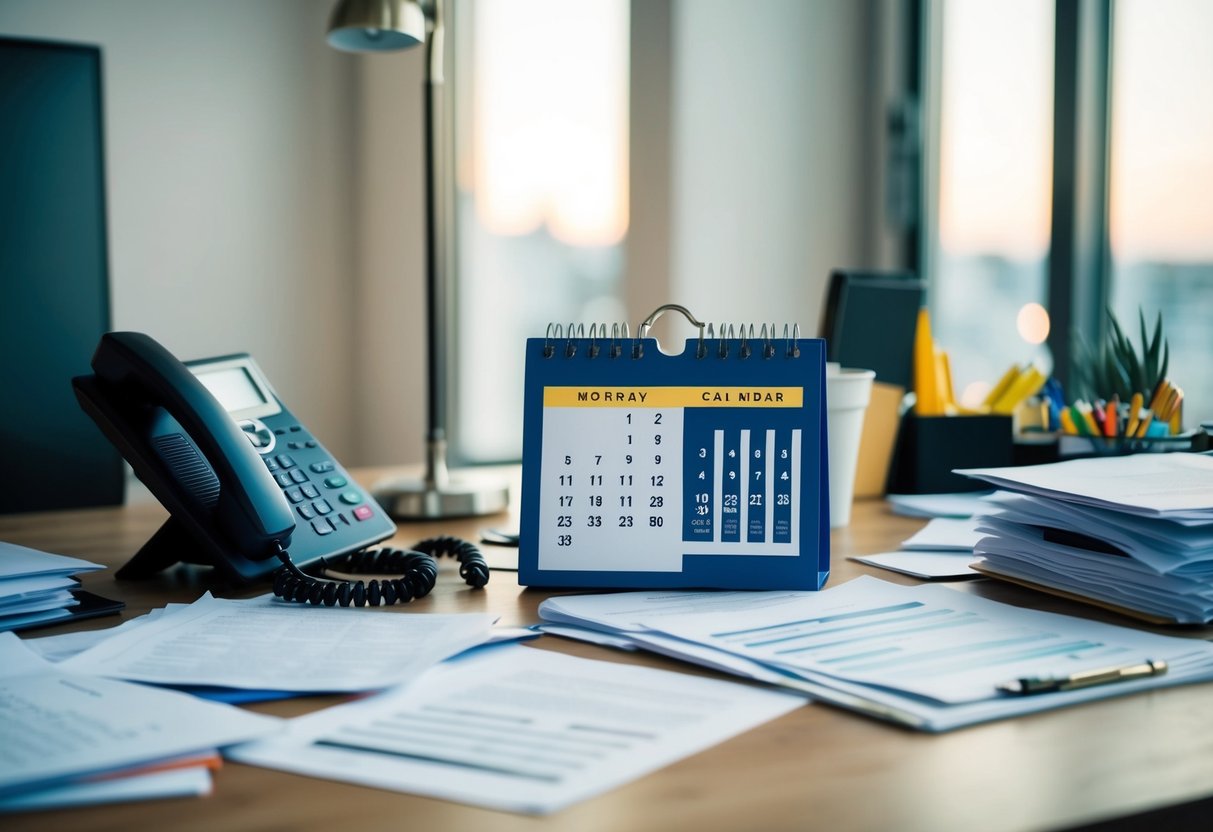 A cluttered desk with scattered papers, a ringing phone, and a calendar filled with deadlines