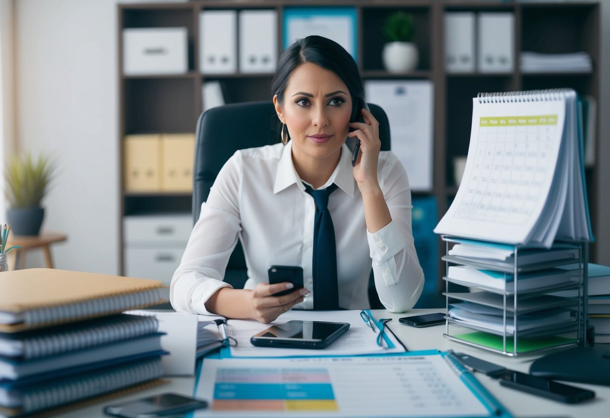 An event planner sits at a cluttered desk, surrounded by calendars, spreadsheets, and a phone. They appear focused and determined, with a hint of stress evident in their expression
