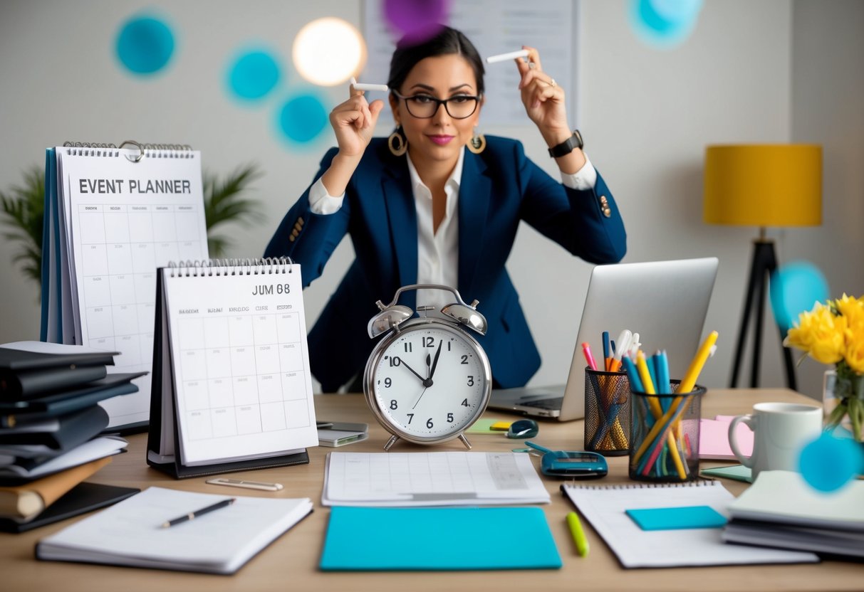 An event planner surrounded by cluttered desk, calendar, and a clock showing a late hour, while juggling multiple tasks and deadlines