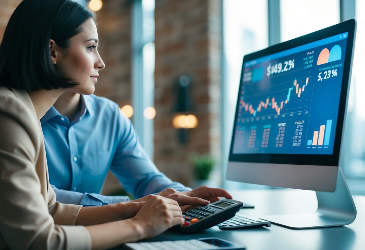 A person sitting at a desk, looking at a computer screen with financial data displayed, while holding a calculator