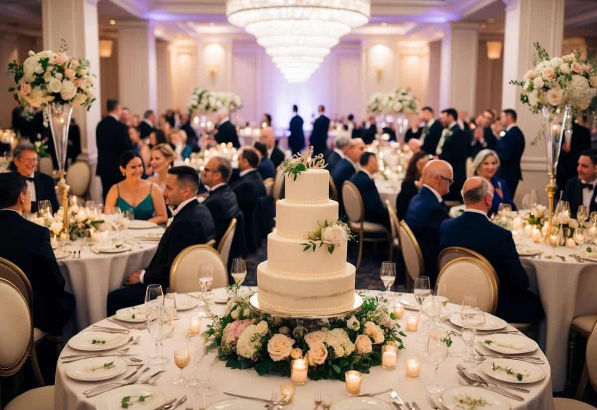 A festive wedding banquet for 40 guests at an elegant venue, with tables adorned with flowers and candles, and a grand cake as the centerpiece