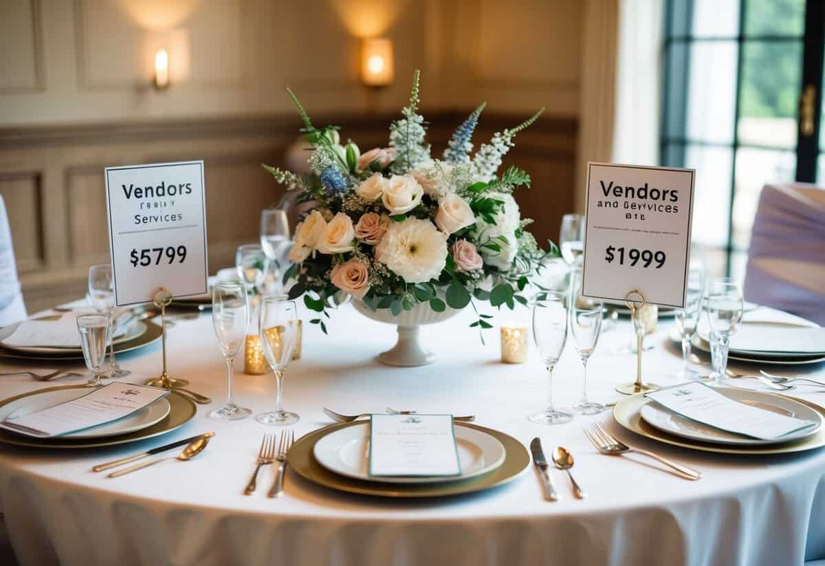 A table with elegant place settings, floral centerpieces, and a wedding cake. Vendors and services are displayed with price tags and quotes