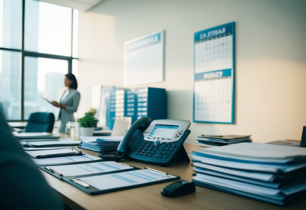 A busy event planning office with a desk covered in spreadsheets, a calendar on the wall, and a phone ringing off the hook