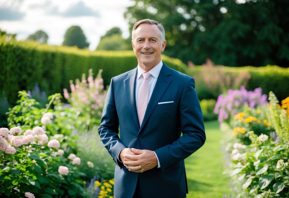A proud father stands in a garden, surrounded by blooming flowers and lush greenery, wearing a deep navy suit with a crisp white shirt and a soft pink tie