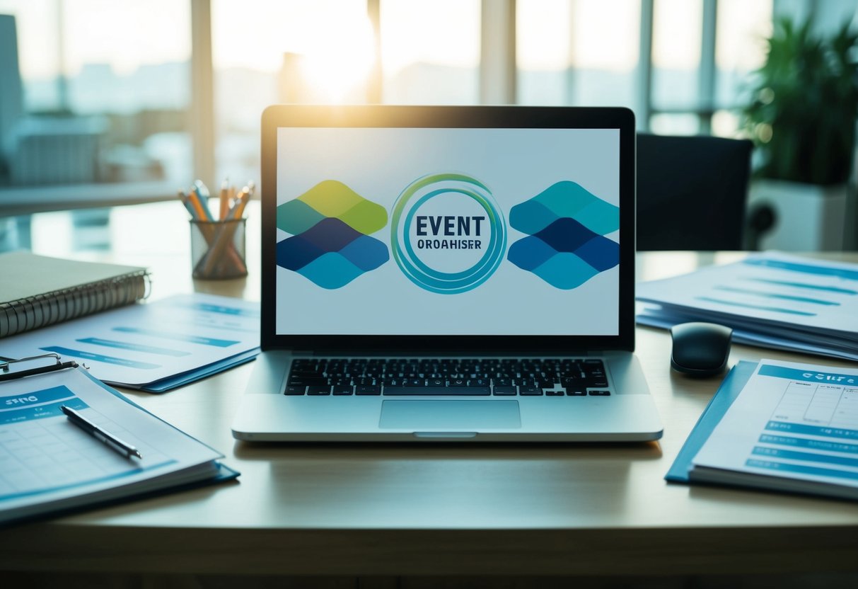 A laptop and calendar sit on a desk, surrounded by event planning materials and a logo for an event organiser brand