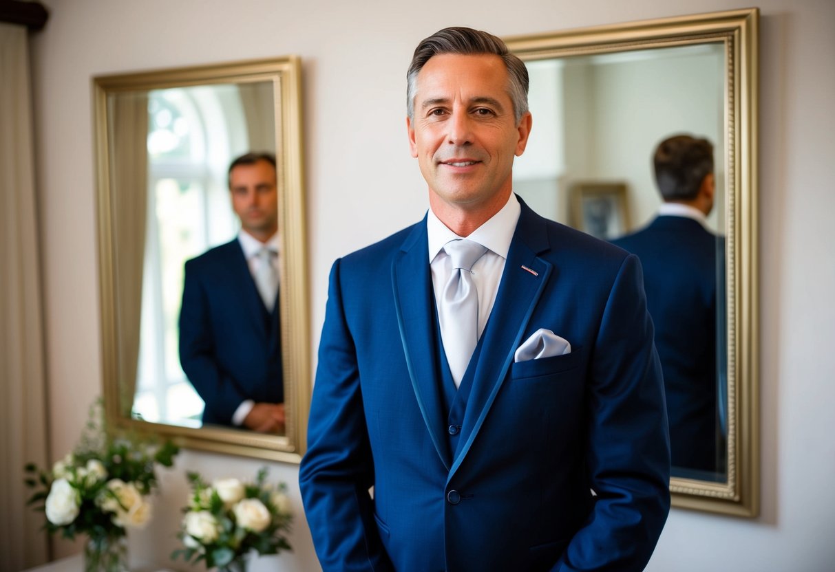A father of the bride wearing a navy blue suit with a silver tie and pocket square, standing in front of a mirror