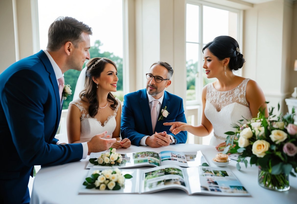 A couple and their parents discussing wedding details at a table with wedding magazines, floral arrangements, and cake samples