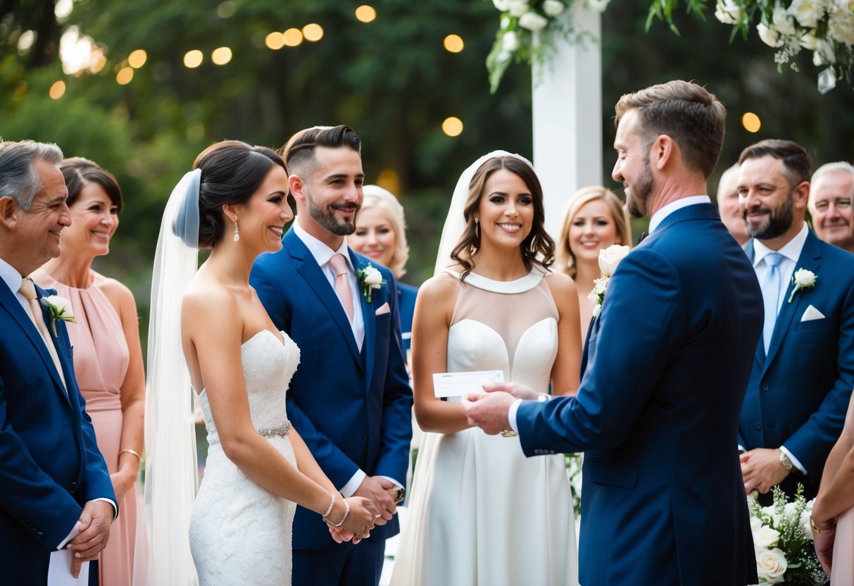 A bride and groom stand at the altar, surrounded by family and friends. A man in a suit hands over a check to the officiant