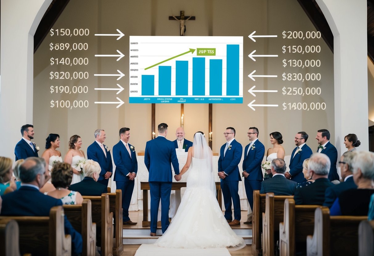 A bride and groom stand at the altar while family members sit in pews. A financial chart hovers above, with arrows pointing to various wedding expenses