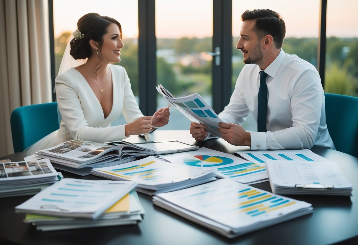 A couple sits at a table covered in wedding magazines and spreadsheets, debating between extravagant dreams and practical budget considerations