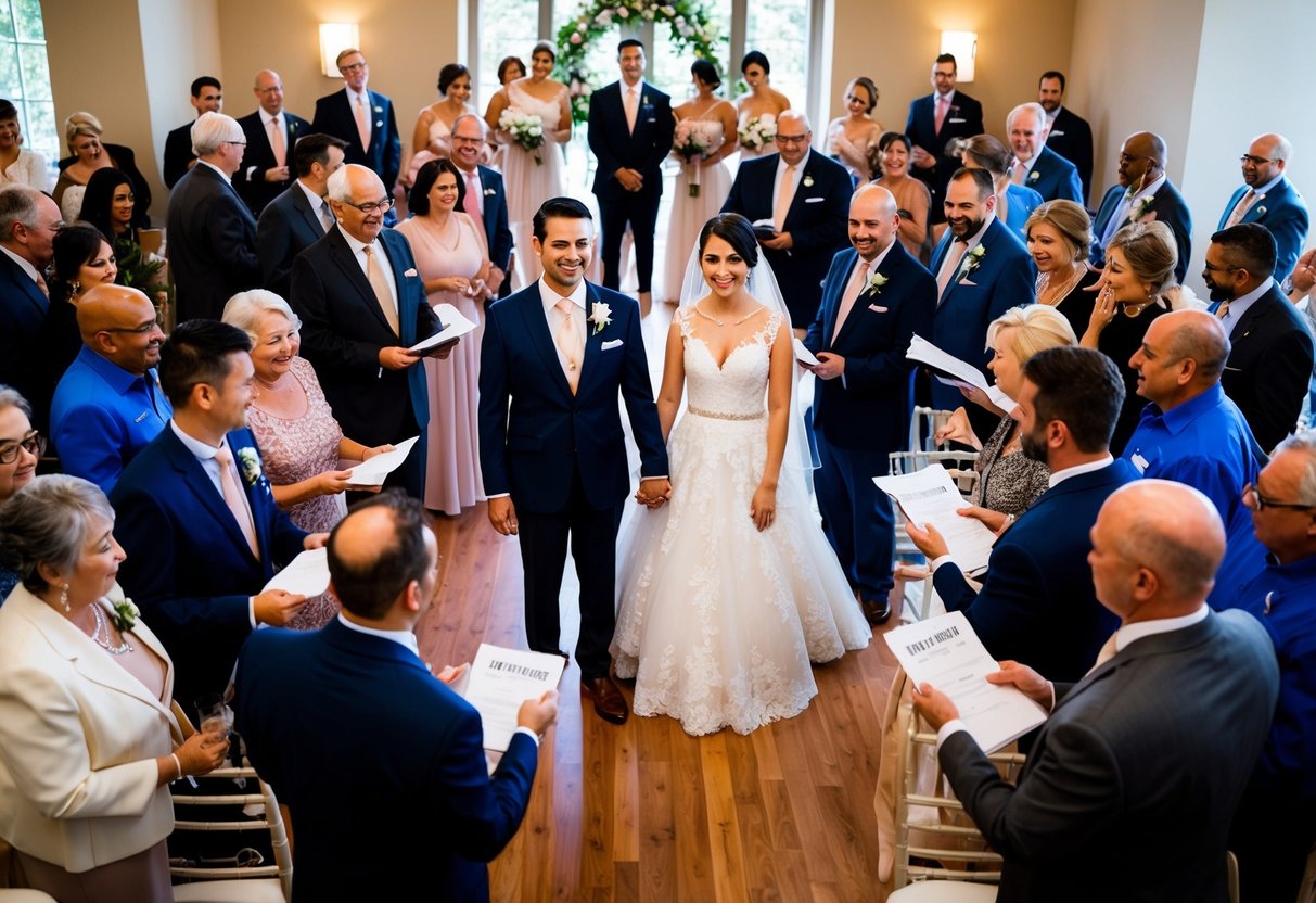 A bride and groom stand at the center of a crowded room, surrounded by family members and friends. Various vendors and service providers are seen handing over invoices and bills to the couple