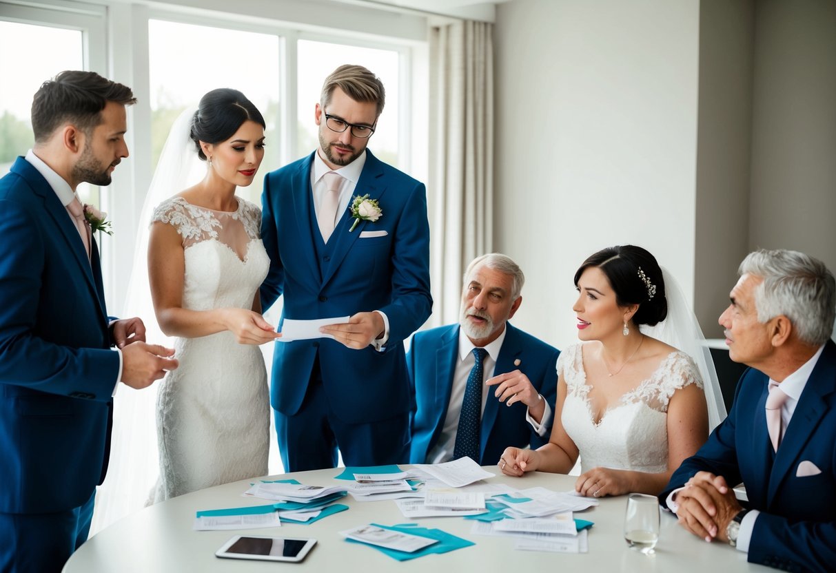 A bride and groom stand at a table with bills and receipts, discussing post-wedding expenses. Family members sit nearby, offering input