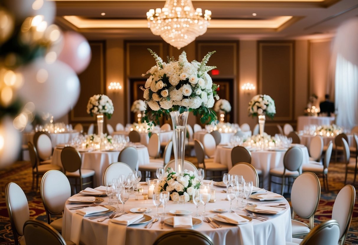 A lavish wedding venue with elegant decorations and a grand banquet table