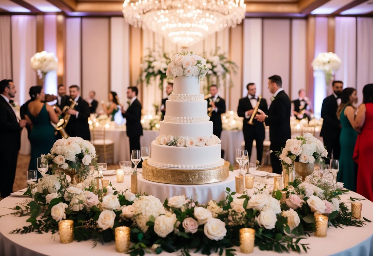 A lavish wedding reception with elegant decor, floral centerpieces, and a grand cake display. A band plays in the background as guests mingle and celebrate