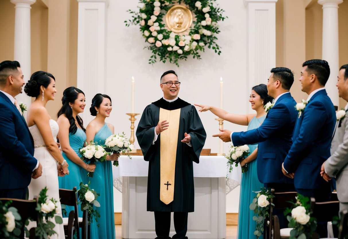 The officiant stands at the altar, while the wedding party gestures towards the reception area, indicating an invitation to join the celebration