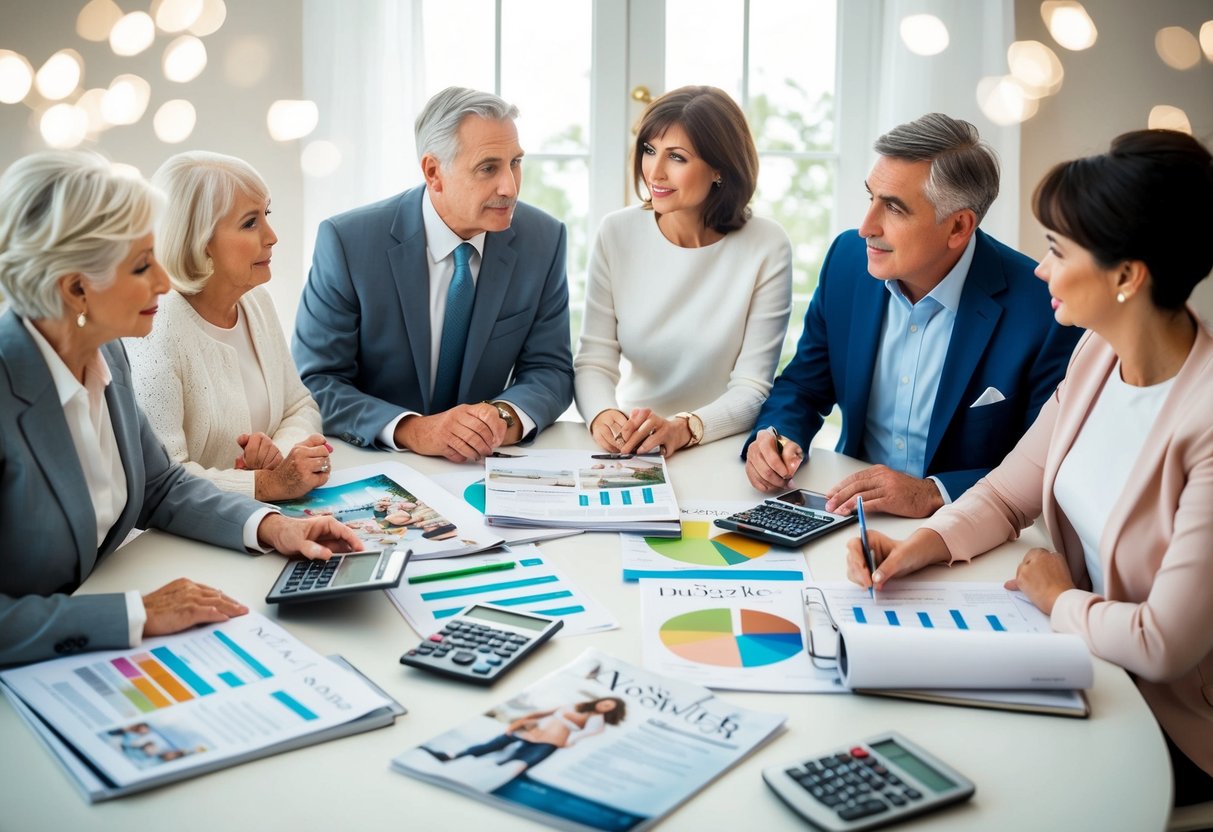 A family sitting around a table with wedding magazines, budget spreadsheets, and calculators, discussing and planning for their daughter's wedding expenses
