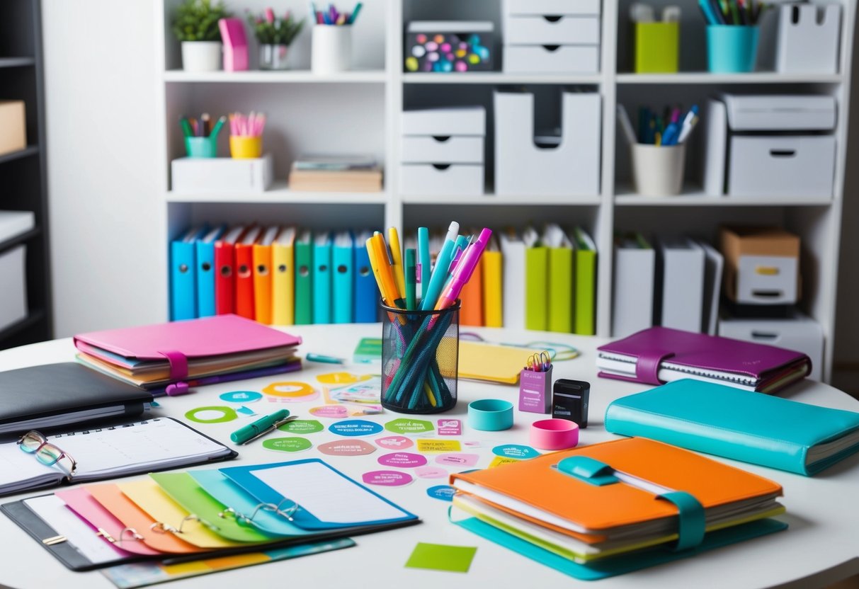 A table scattered with colorful planners, pens, and stickers, surrounded by shelves filled with organized office supplies