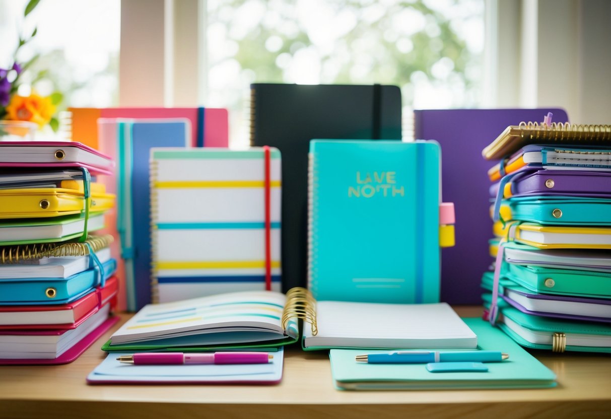 A colorful array of planners, notebooks, and pens neatly arranged on a desk, with a bright window in the background