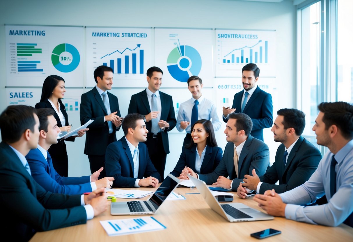 A busy office with people discussing and brainstorming marketing and sales strategies. Charts and graphs on the walls show growth and success