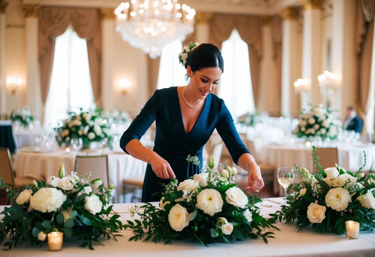 A wedding stylist arranging floral centerpieces and decorative elements in a grand ballroom