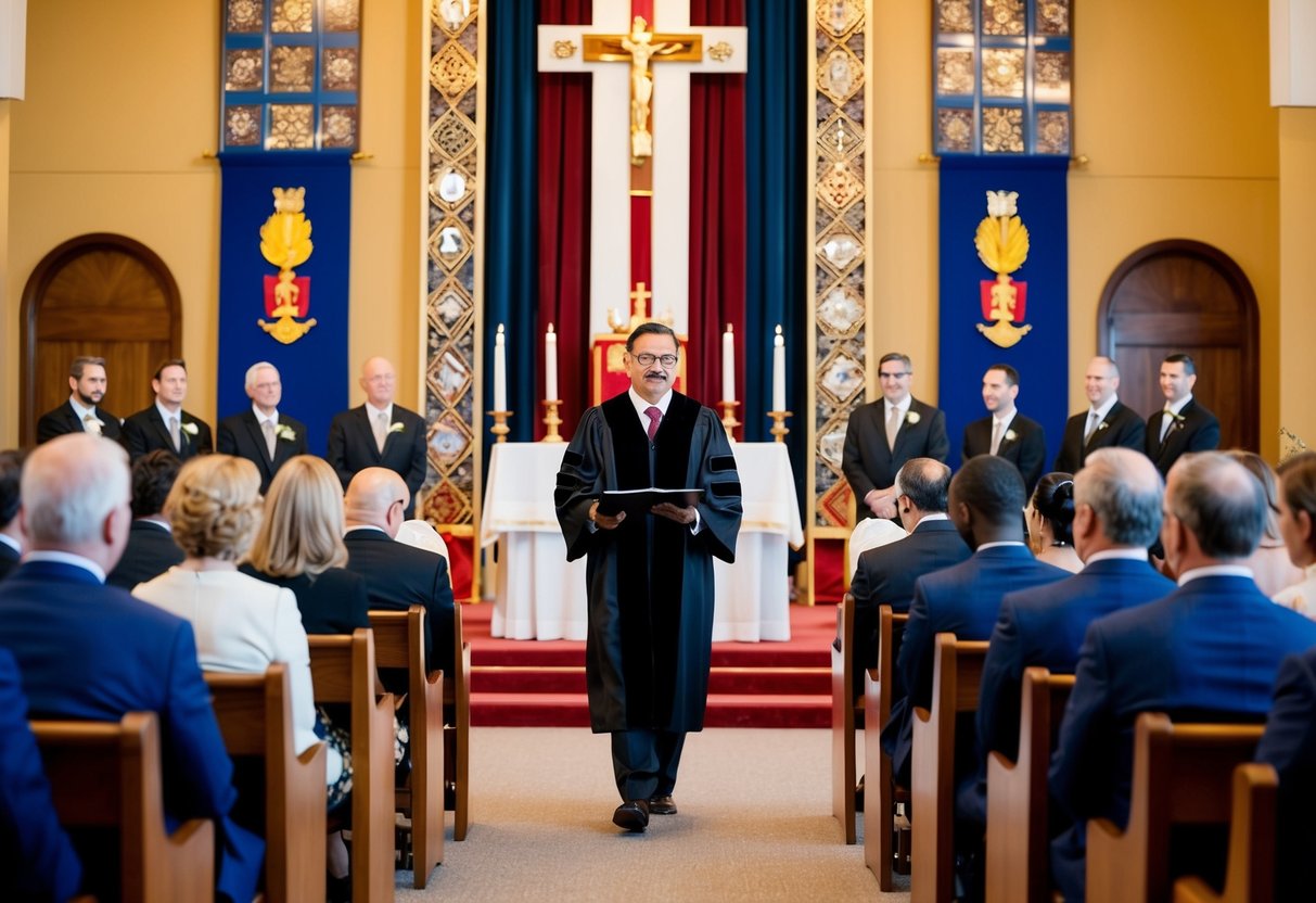 A ceremonial setting with a registrar leading the proceedings, surrounded by symbolic decor and seating for attendees