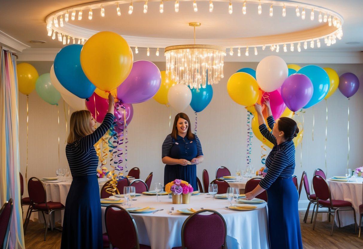 A party planner arranges colorful balloons and streamers around a room, placing centerpieces on tables and hanging twinkling lights from the ceiling