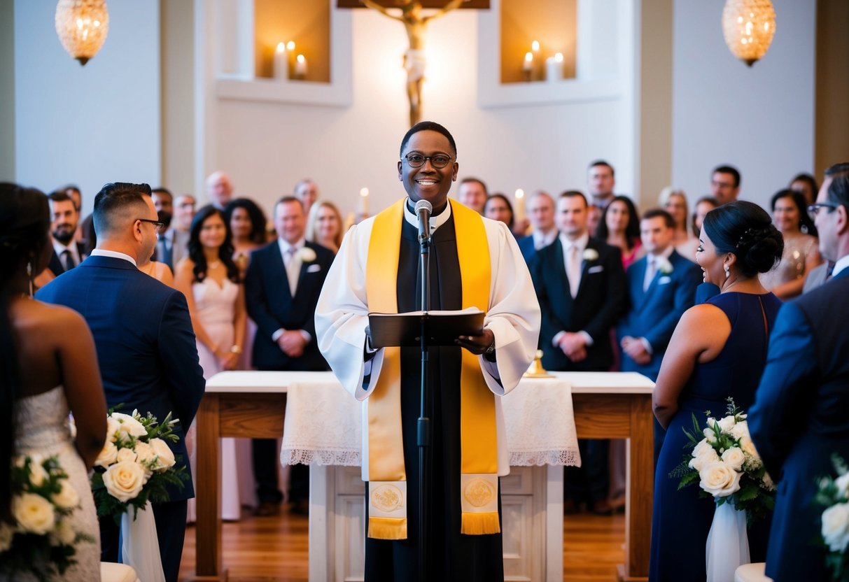 A celebrant officiant stands at an altar, presiding over a ceremony. They exude confidence and warmth, commanding the attention of the gathered crowd