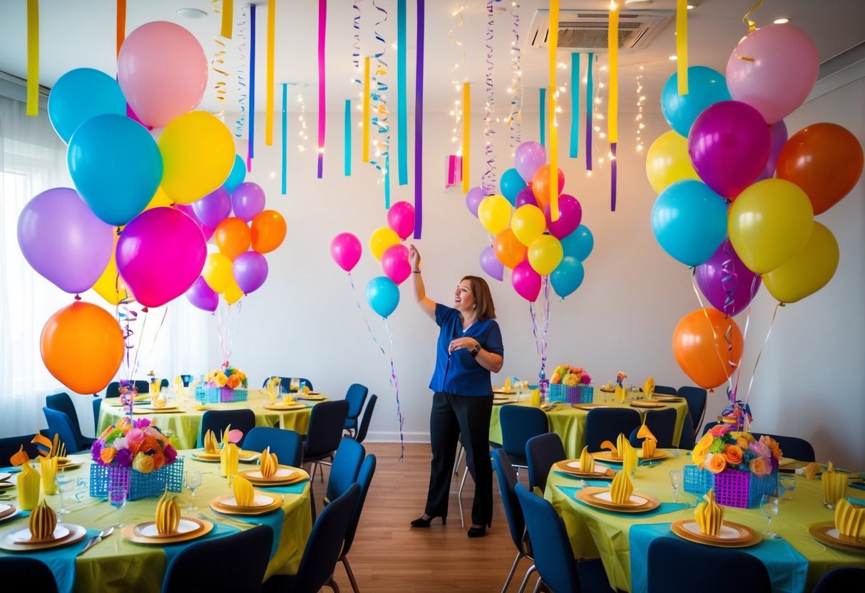 A party planner arranges colorful balloons and streamers around a room, placing centerpieces on tables and hanging twinkling lights from the ceiling