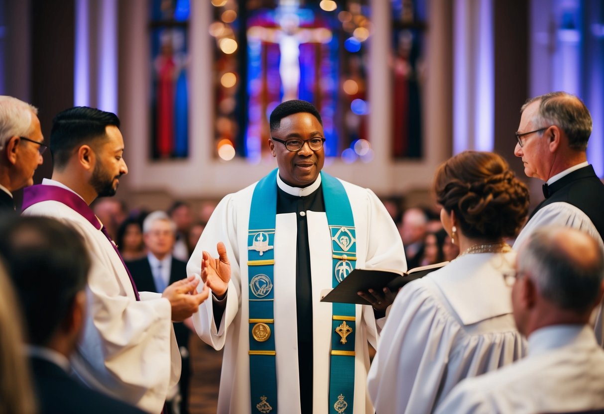 A celebrant officiant leading various ceremonies with diverse symbols and rituals