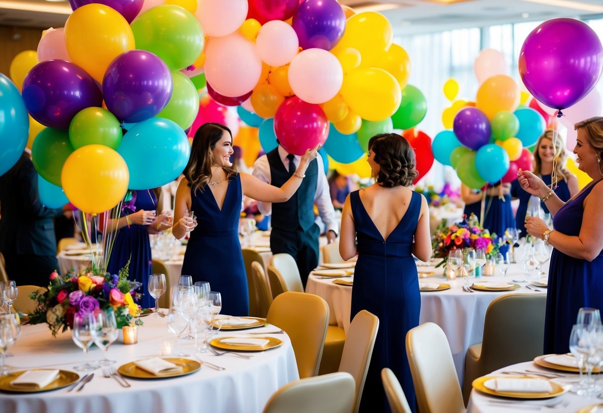 A party planner and event decorators collaborate to set up a festive event with colorful balloons, elegant table settings, and vibrant floral arrangements