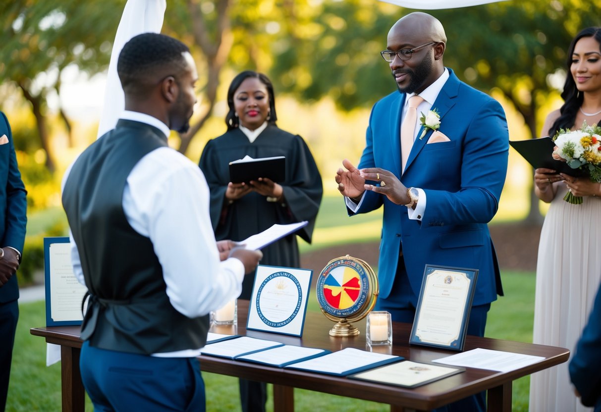 A celebrant officiant conducting a wedding ceremony outdoors, surrounded by diverse cultural symbols and legal documents