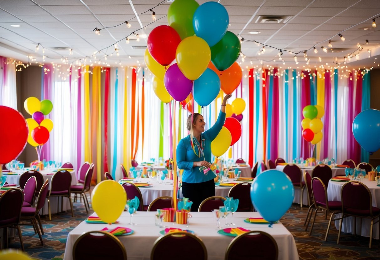 A party planner arranges colorful balloons and streamers around the room, placing centerpieces on tables and hanging twinkling lights from the ceiling