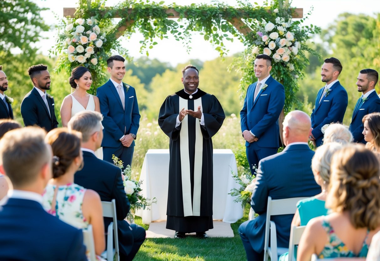 A celebrant officiant stands at the center of a serene outdoor ceremony space, surrounded by flowers and greenery. The sun is shining, and there is a sense of peaceful anticipation in the air