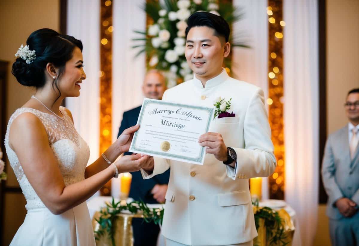 A person holding a marriage certificate and standing at an altar with flowers and a decorative backdrop