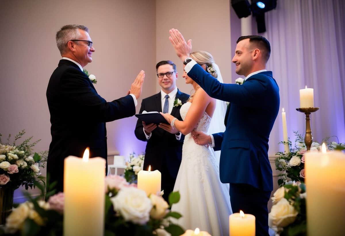 The officiant raises their arms, offering a blessing to the newlyweds as they stand together, surrounded by flowers and candles