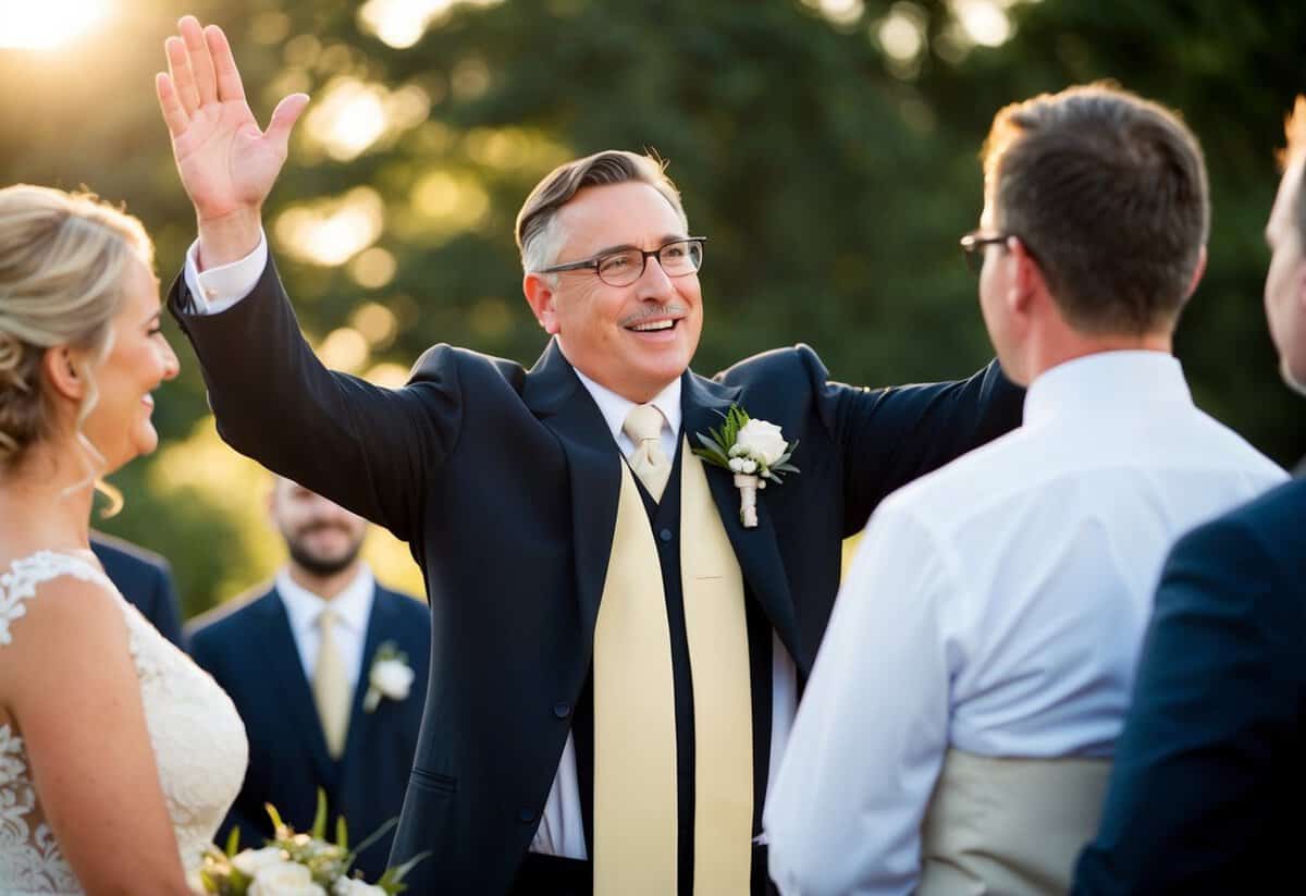 The officiant raises their arms and speaks with warmth and authority, offering words of wisdom and congratulations to the newly married couple